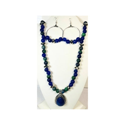 Blue and Green Chrysocolla Beaded Necklace and Earrings with a Blue Pendant