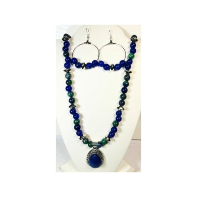 Blue and Green Chrysocolla Beaded Necklace and Earrings with a Blue Pendant
