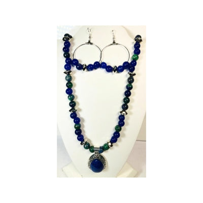 Blue and Green Chrysocolla Beaded Necklace and Earrings with a Blue Pendant