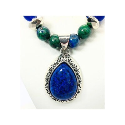 Blue and Green Chrysocolla Beaded Necklace and Earrings with a Blue Pendant