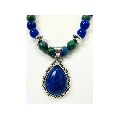 Blue and Green Chrysocolla Beaded Necklace and Earrings with a Blue Pendant