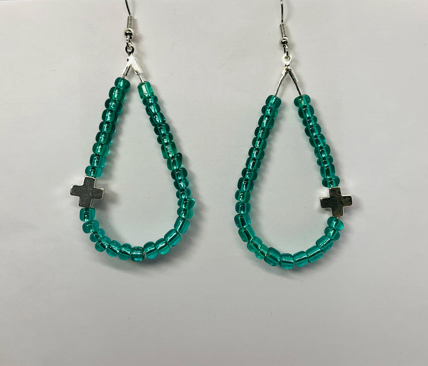 Teardrop  Glass Turquoise Seed Beads with a Silver Cross