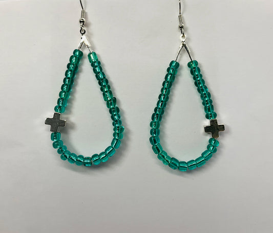 Teardrop  Glass Turquoise Seed Beads with a Silver Cross