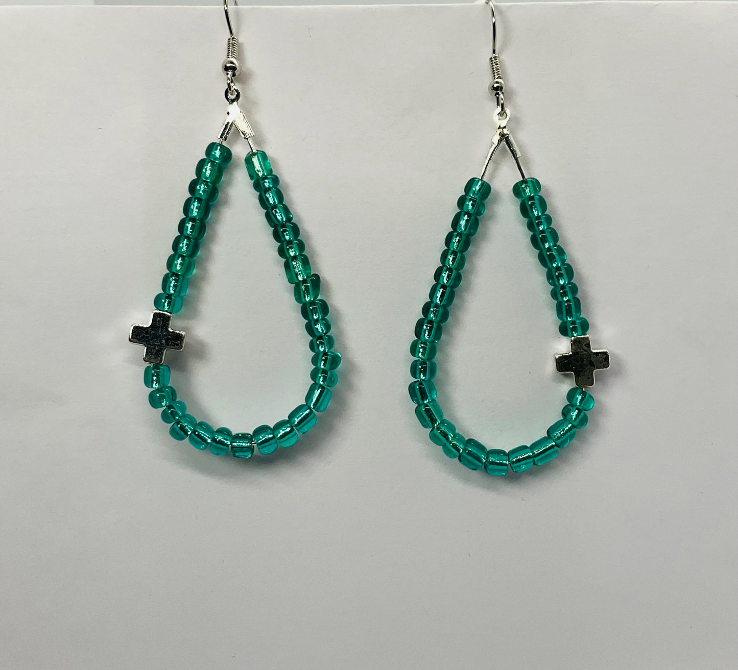 Teardrop  Glass Turquoise Seed Beads with a Silver Cross