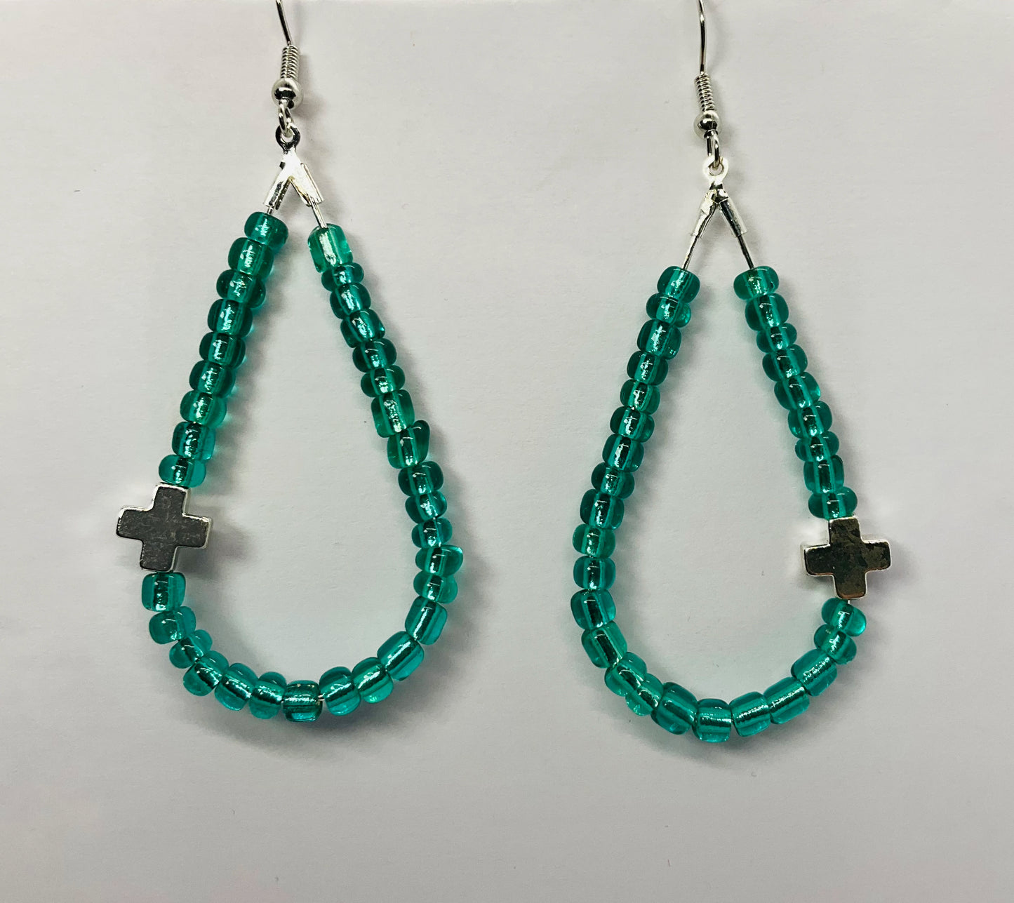 Teardrop  Glass Turquoise Seed Beads with a Silver Cross
