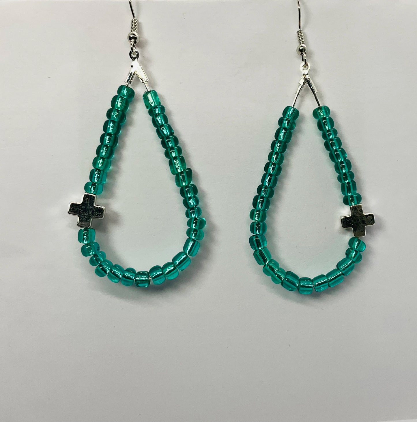 Teardrop  Glass Turquoise Seed Beads with a Silver Cross