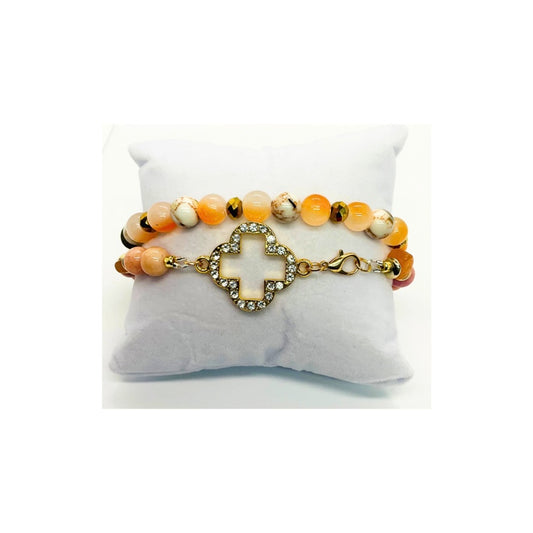 Light Coral Beaded Bracelet Set of Two with Cross Rhinestone Charm Fashion Jewelry Accessories for Bracelet Wearers