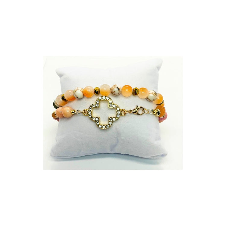 Light Coral Beaded Bracelet Set of Two with Cross Rhinestone Charm Fashion Jewelry Accessories for Bracelet Wearers