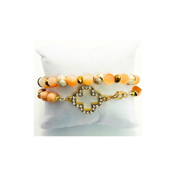 Light Coral Beaded Bracelet Set of Two with Cross Rhinestone Charm Fashion Jewelry Accessories for Bracelet Wearers