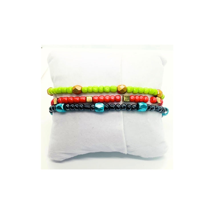 Beaded Bracelet Set of Three in Green, Blue and Rose Red