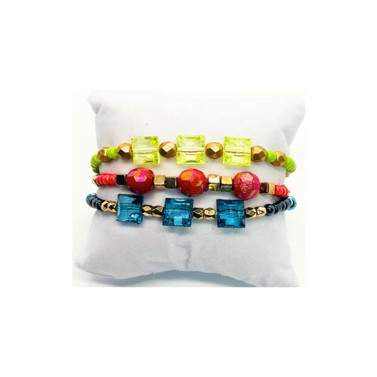 Beaded Bracelet Set of Three in Green, Blue and Rose Red