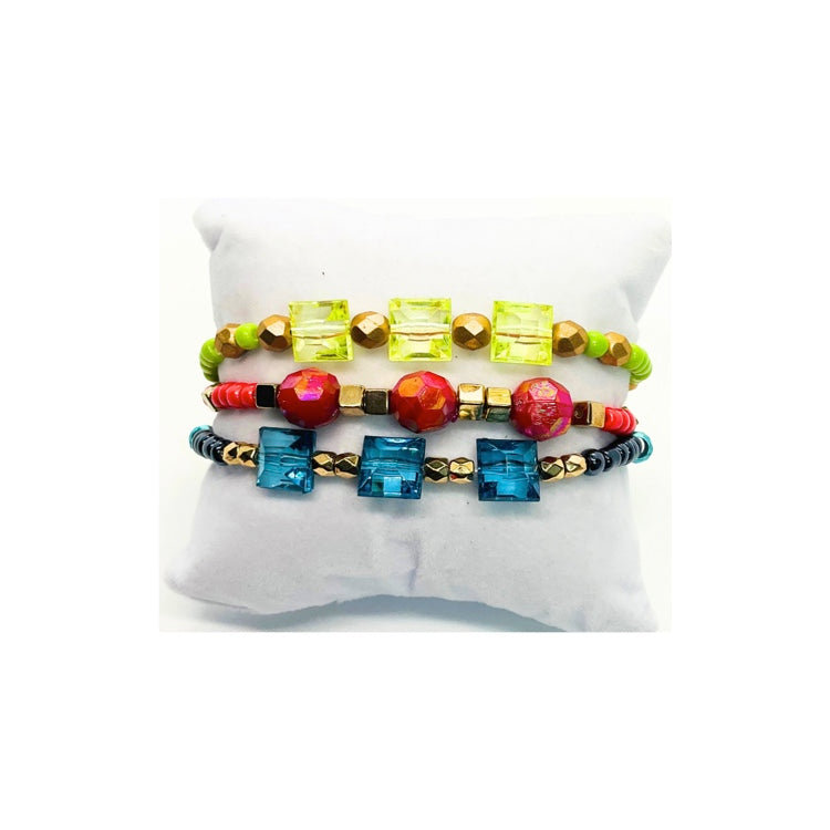 Beaded Bracelet Set of Three in Green, Blue and Rose Red