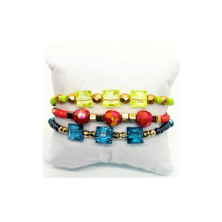 Beaded Bracelet Set of Three in Green, Blue and Rose Red