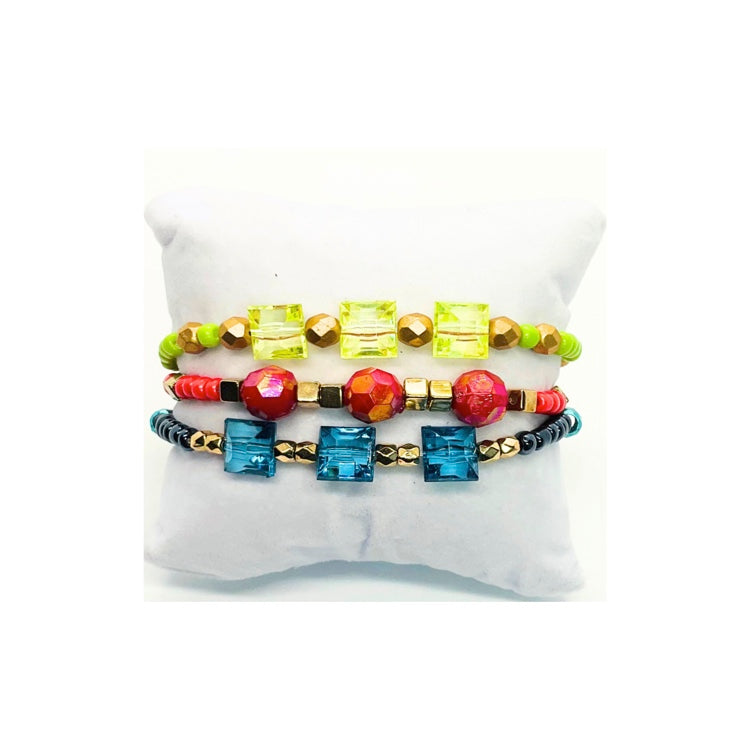 Beaded Bracelet Set of Three in Green, Blue and Rose Red