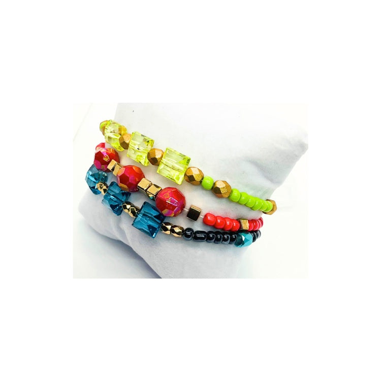Beaded Bracelet Set of Three in Green, Blue and Rose Red