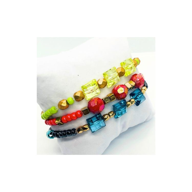 Beaded Bracelet Set of Three in Green, Blue and Rose Red