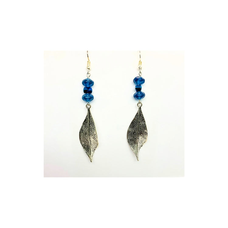 Sliver Metal Leaf with Deep Blue Bead Embellishment Dangle Earring