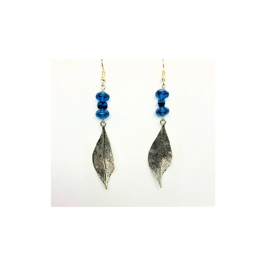 Sliver Metal Leaf with Deep Blue Bead Embellishment Dangle Earring