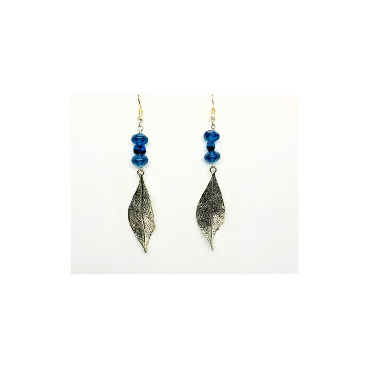 Sliver Metal Leaf with Deep Blue Bead Embellishment Dangle Earring