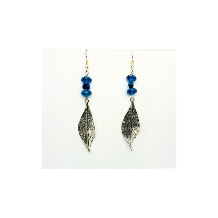 Sliver Metal Leaf with Deep Blue Bead Embellishment Dangle Earring