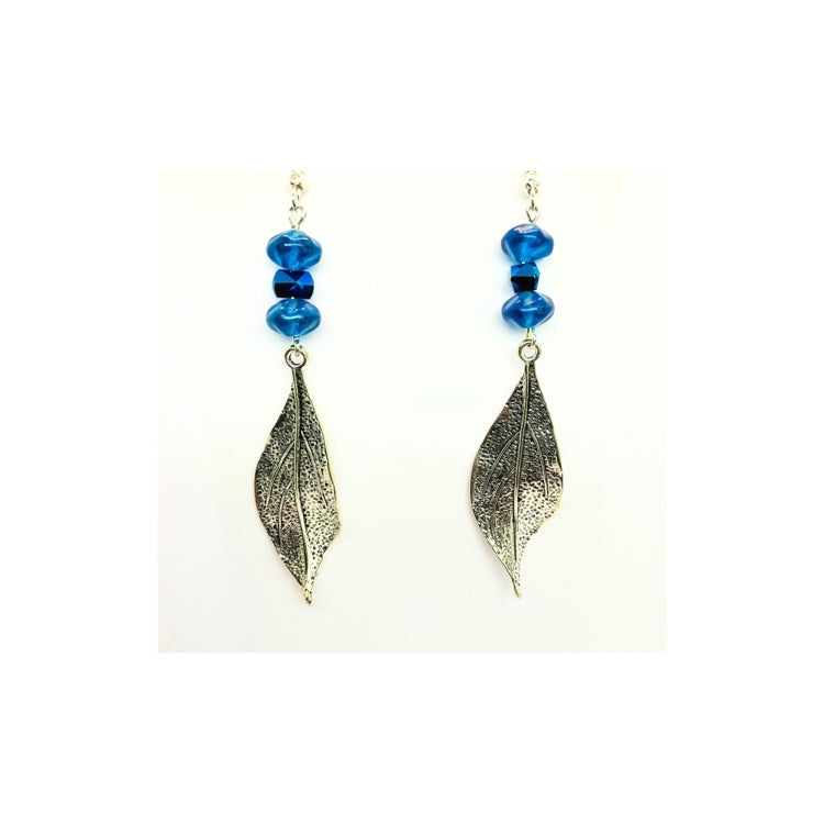 Sliver Metal Leaf with Deep Blue Bead Embellishment Dangle Earring