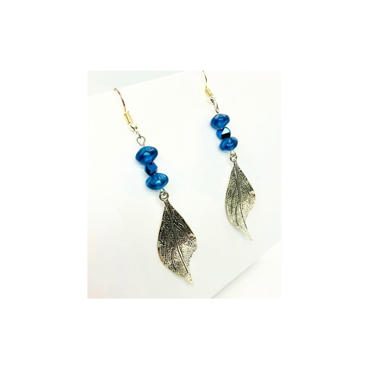 Sliver Metal Leaf with Deep Blue Bead Embellishment Dangle Earring