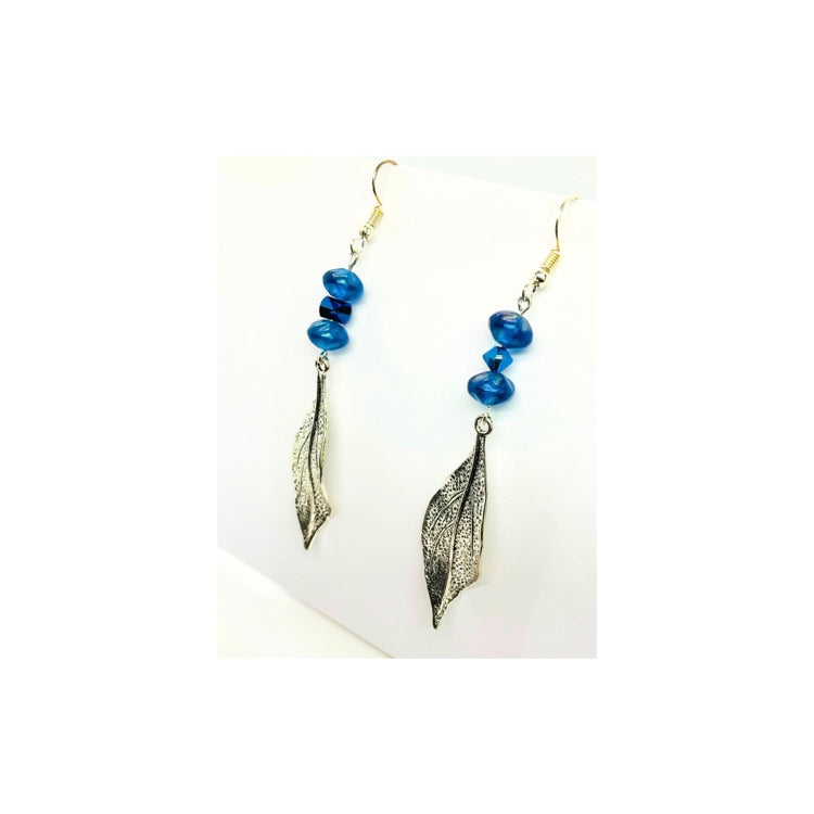 Sliver Metal Leaf with Deep Blue Bead Embellishment Dangle Earring