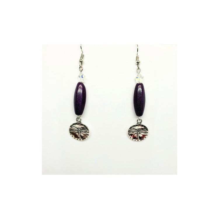 Purple Czech Barrel Bead with Silver Dragonfly Dangle Earring