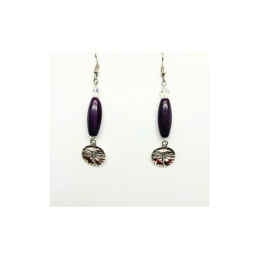 Purple Czech Barrel Bead with Silver Dragonfly Dangle Earring
