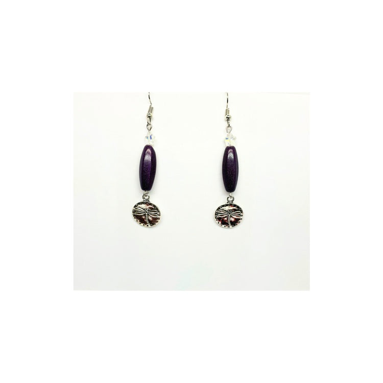 Purple Czech Barrel Bead with Silver Dragonfly Dangle Earring