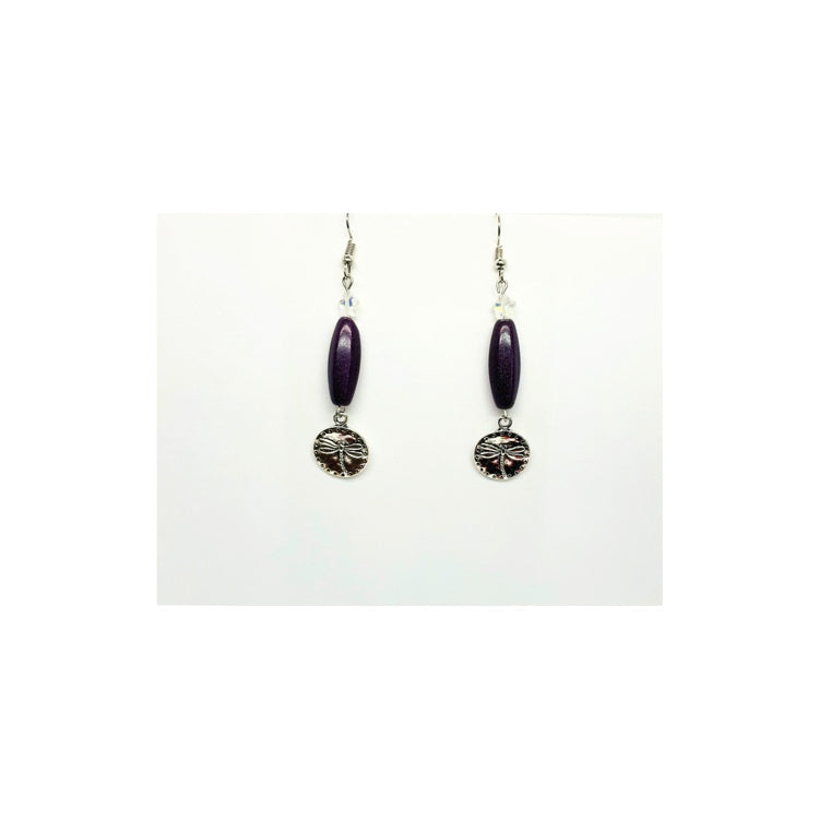 Purple Czech Barrel Bead with Silver Dragonfly Dangle Earring