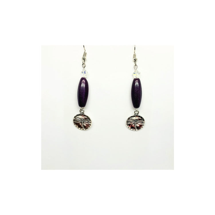 Purple Czech Barrel Bead with Silver Dragonfly Dangle Earring