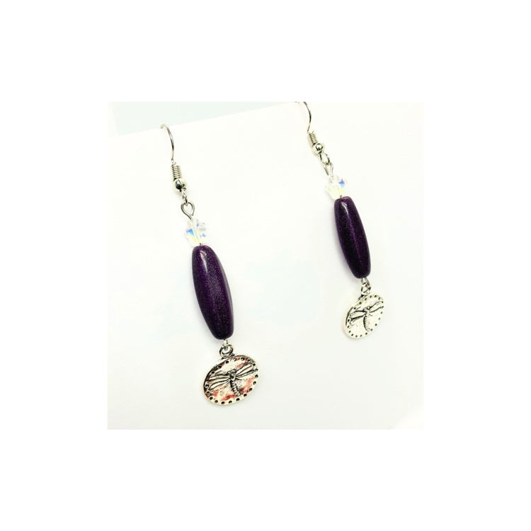 Purple Czech Barrel Bead with Silver Dragonfly Dangle Earring