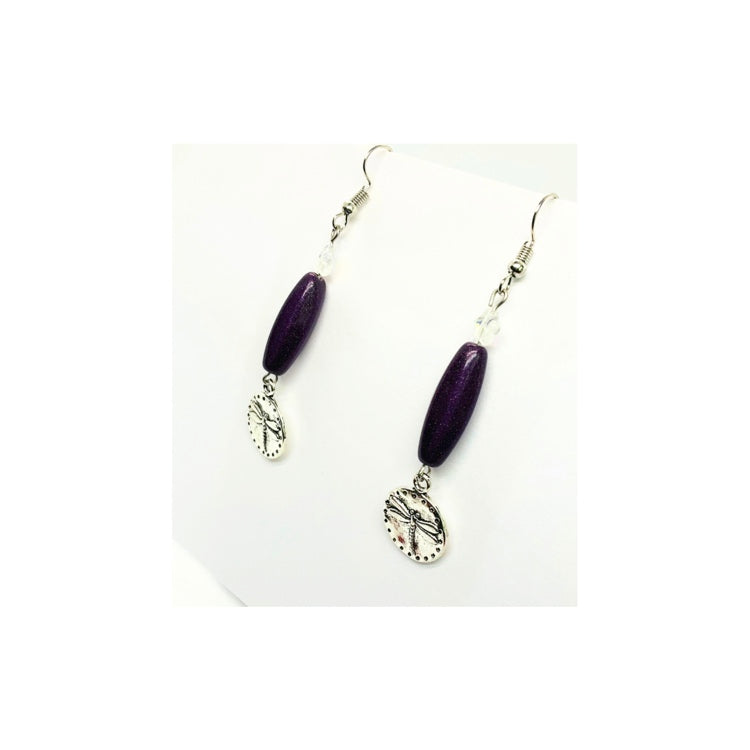 Purple Czech Barrel Bead with Silver Dragonfly Dangle Earring