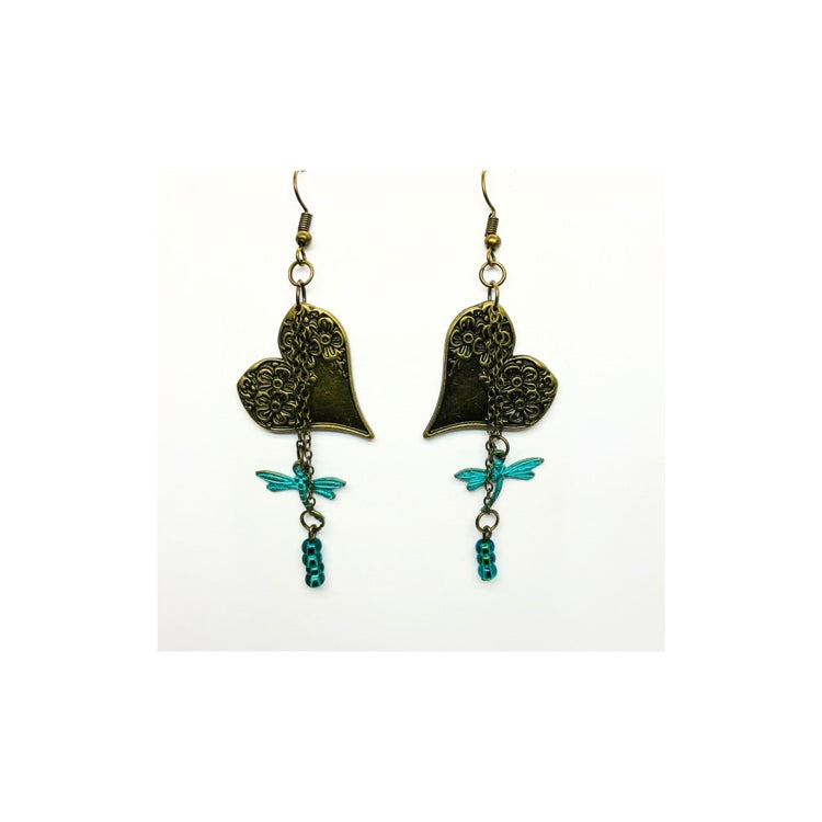 Vintage Heart Dangle Earrings with Turquoise Dragonfly Charm