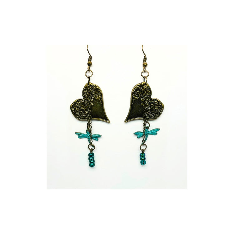 Vintage Heart Dangle Earrings with Turquoise Dragonfly Charm