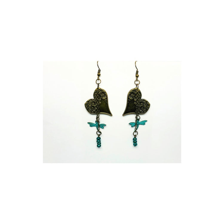 Vintage Heart Dangle Earrings with Turquoise Dragonfly Charm