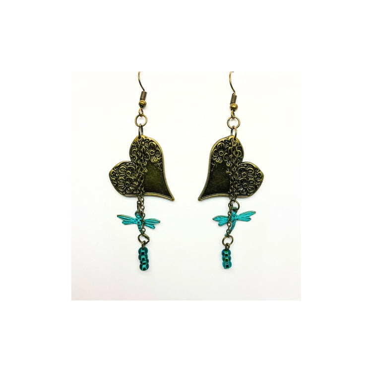 Vintage Heart Dangle Earrings with Turquoise Dragonfly Charm