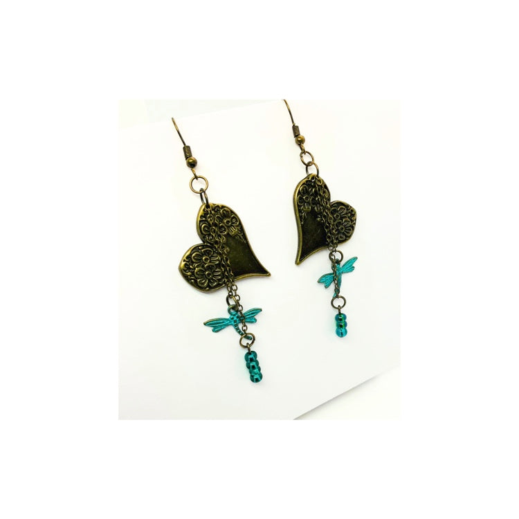 Vintage Heart Dangle Earrings with Turquoise Dragonfly Charm