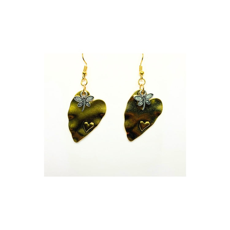 Gold Wavy Heart with Silver Dragonfly Charm Dangle Earrings