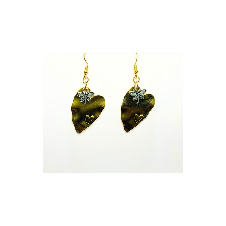Gold Wavy Heart with Silver Dragonfly Charm Dangle Earrings