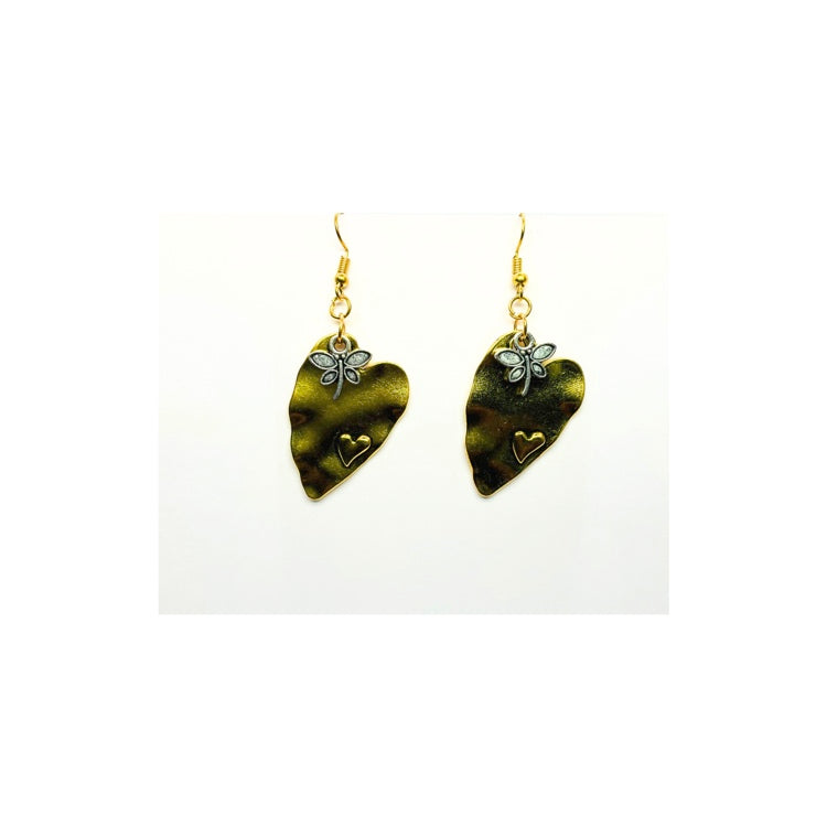 Gold Wavy Heart with Silver Dragonfly Charm Dangle Earrings