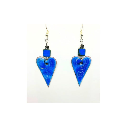 Blue Copper Enameled Heart Dangle Earring