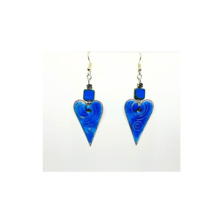 Blue Copper Enameled Heart Dangle Earring
