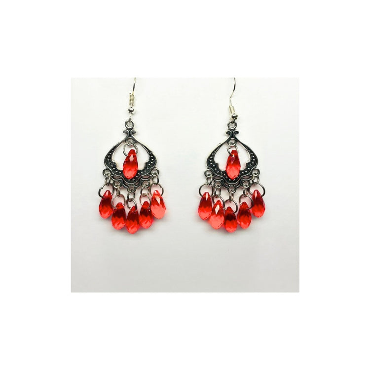 Red Beaded Chandelier Silver Dangle Earrings