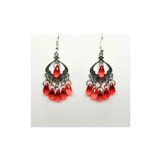 Red Beaded Chandelier Silver Dangle Earrings