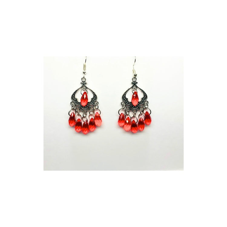 Red Beaded Chandelier Silver Dangle Earrings