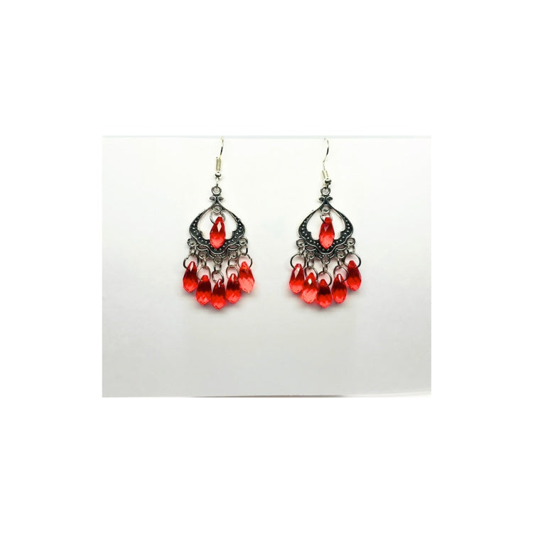 Red Beaded Chandelier Silver Dangle Earrings