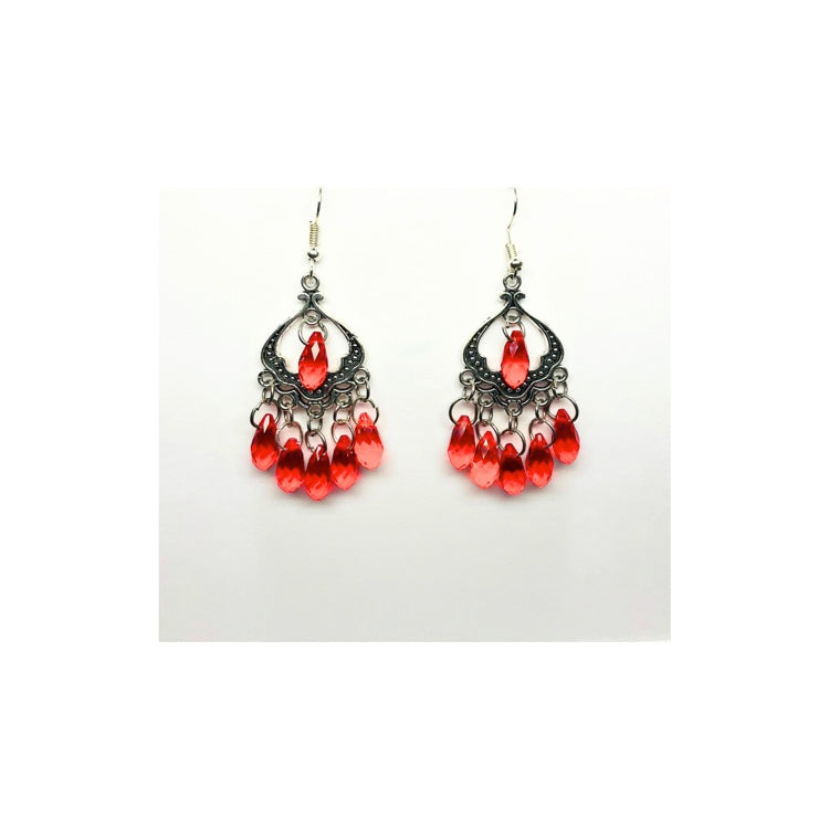 Red Beaded Chandelier Silver Dangle Earrings