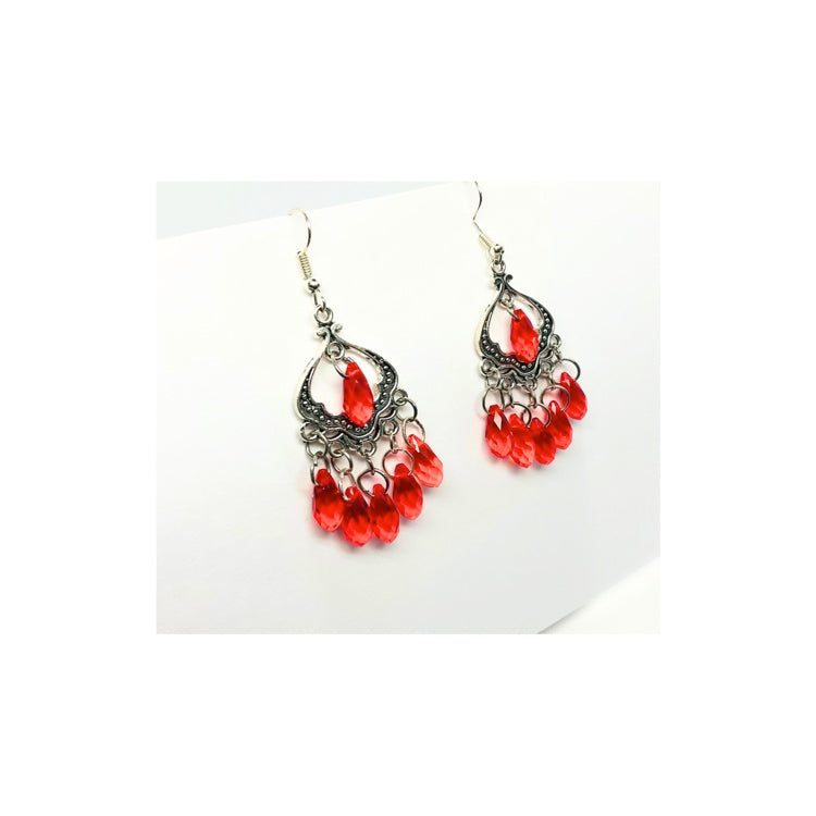 Red Beaded Chandelier Silver Dangle Earrings